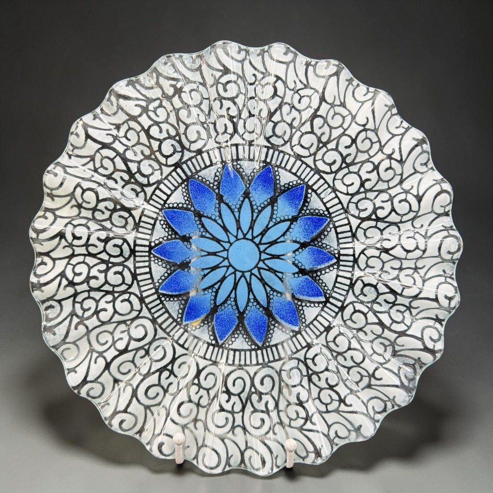 Sydenstricker Art Glass Mandala Dish Blue Floral Scalloped Ruffled Edge 11 Inch